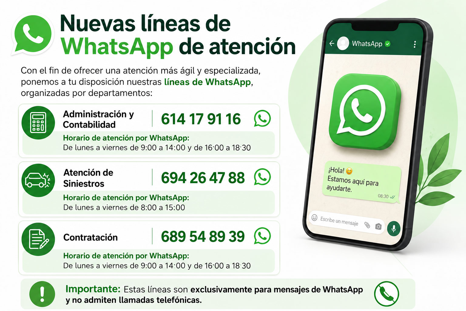 Nuevas líneas de WhatsApp de Marfravi por departamentos. Solo mensajes; no admiten llamadas telefónicas.
